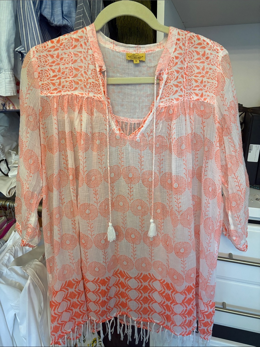 Roller Rabbit Coral and White Embroidered Tassel Swim Coverup